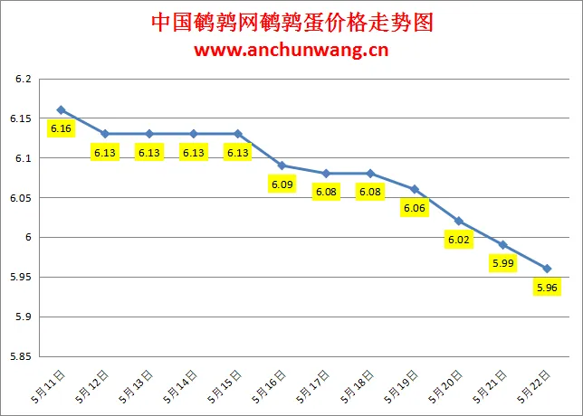 2024.5.22全国鹌鹑蛋价格：局部跌 均价5.96元