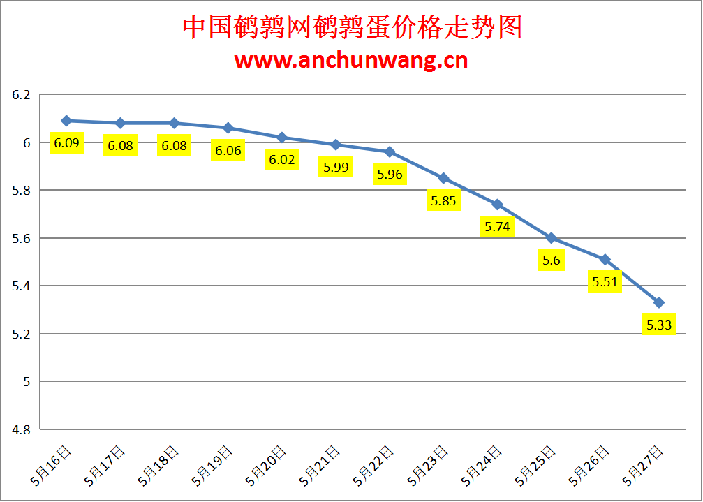 2024.5.27全国鹌鹑蛋价格：大范围跌 均价5.33元