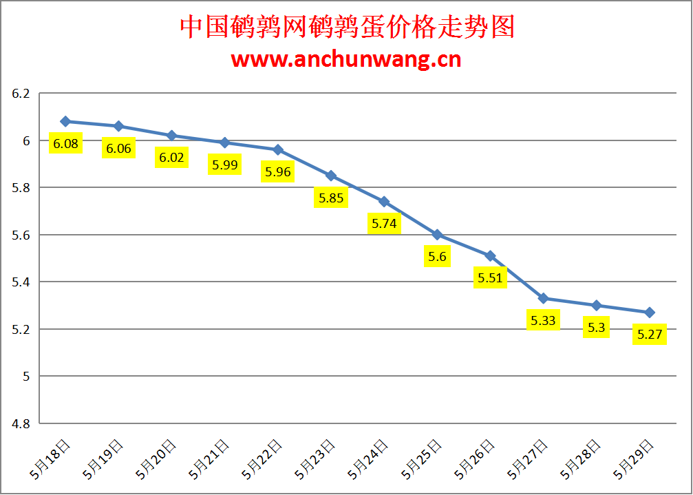 2024.5.29全国鹌鹑蛋价格：局部跌 均价5.27元