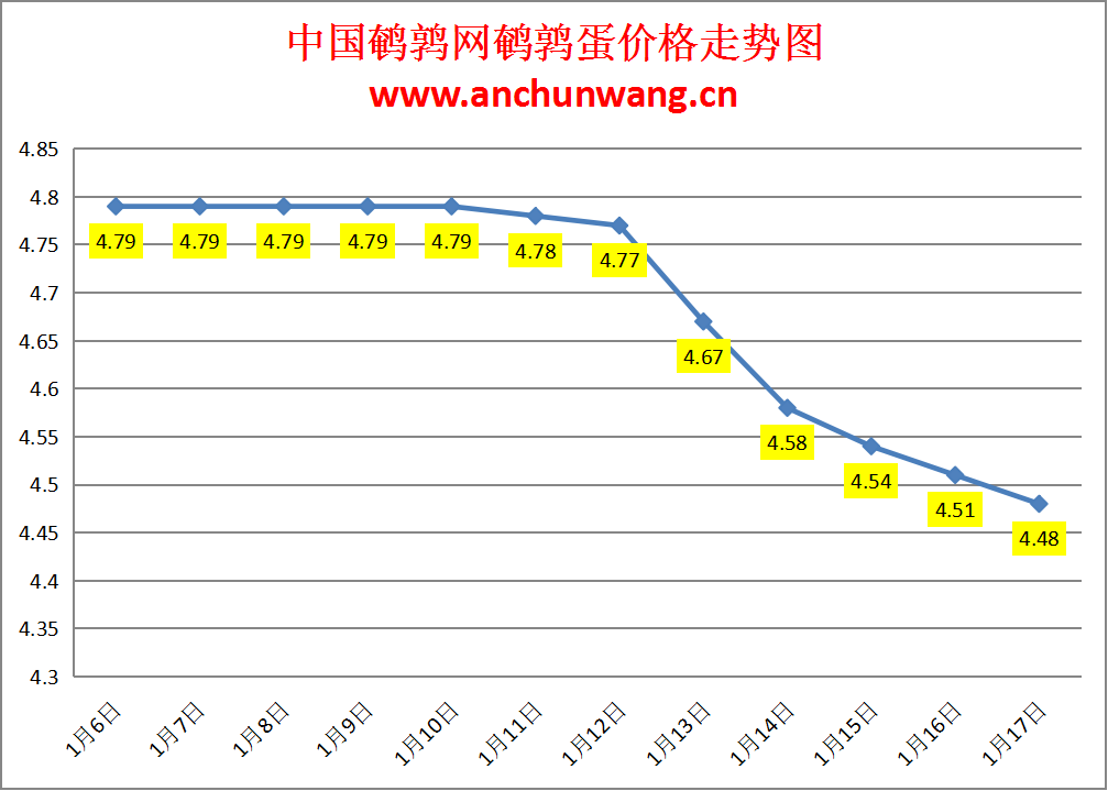 2025.1.17全国鹌鹑蛋价格：均价4.48元，局部跌