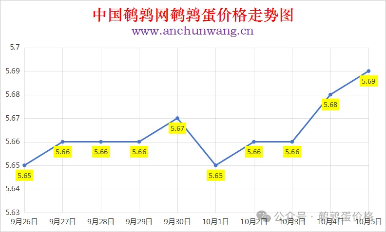 2025年10月5日中国鹌鹑网全国鹌鹑蛋价格涨跌表：均价5.69元 个别涨