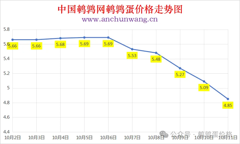 2025年10月11日中国鹌鹑网全国鹌鹑蛋价格涨跌表：均价4.85元 大范围下跌