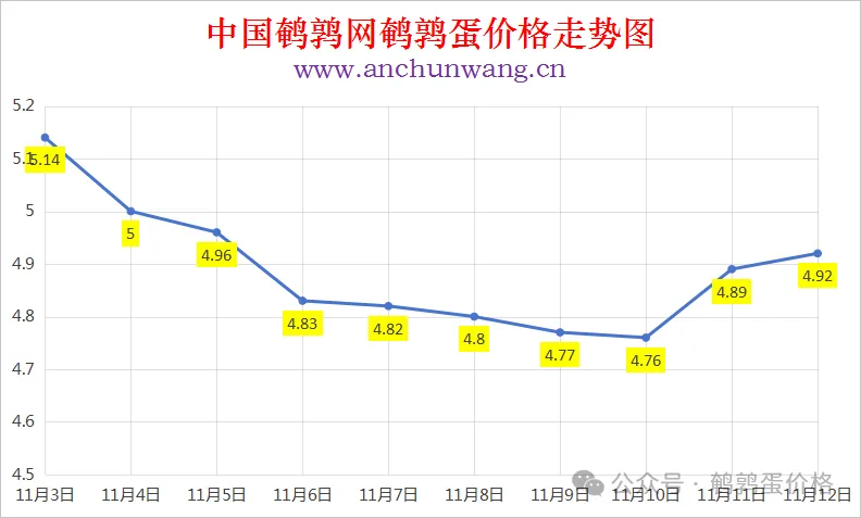 2025年11月12日中国鹌鹑网全国鹌鹑蛋价格涨跌表：均价4.92元 局部涨